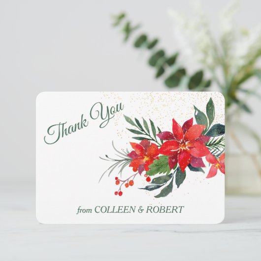 Waterverf Poinsettia Bloemen Kerstbruiloft Bedankkaart (Staand voorkant)