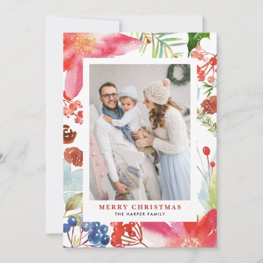 Waterverf Poinsettia Bloemen Lijst Foto Kerst Feestdagenkaart (Voorkant)