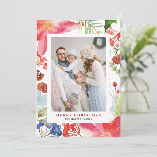 Waterverf Poinsettia Bloemen Lijst Foto Kerst Feestdagenkaart (Staand voorkant)