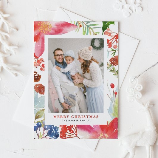 Waterverf Poinsettia Bloemen Lijst Foto Kerst Feestdagenkaart