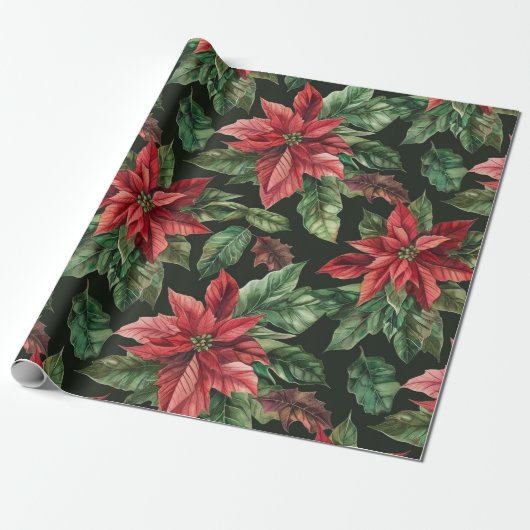 waterverf Poinsettia bloemenkerstpatroon Cadeaupapier (Uitgerold)