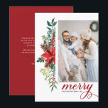 Waterverf Poinsettia Botanische kerst Feestdagenkaart<br><div class="desc">Gek en helder! Viel Kerstmis met deze waterverf foto kerstkaart. Het bevat waterverf bloemkool van rode punsettias,  pineconen,  bessen en groen. Personaliseer door foto's,  namen en berichten toe te voegen. Deze botanische kerstfotokaart is beschikbaar in andere kartonnen dozen.</div>