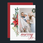 Waterverf Poinsettia Botanische kerst Feestdagenkaart<br><div class="desc">Gek en helder! Viel Kerstmis met deze waterverf foto kerstkaart. Het bevat waterverf bloemkool van rode punsettias,  pineconen,  bessen en groen. Personaliseer door foto's,  namen en berichten toe te voegen. Deze botanische kerstfotokaart is beschikbaar in andere kartonnen dozen.</div>
