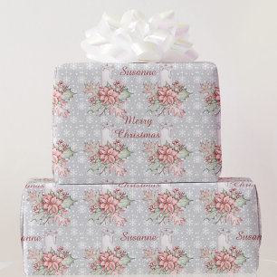 Waterverf Poinsettia & Candle Naam toevoegen Kerst Cadeaupapier