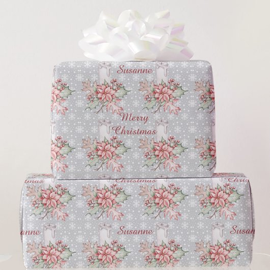 Waterverf Poinsettia & Candle Naam toevoegen Kerst Cadeaupapier