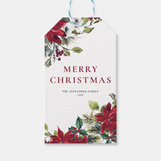 Waterverf Poinsettia en Fir Leaves met Kerstmis Cadeaulabel (Voorkant)