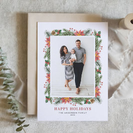 Waterverf Poinsettia en groen Foto Feestdagen Kaart