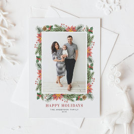 Waterverf Poinsettia en groen Foto Feestdagenkaart