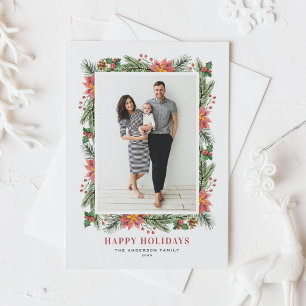  Waterverf Poinsettia en groen Foto Feestdagenkaart