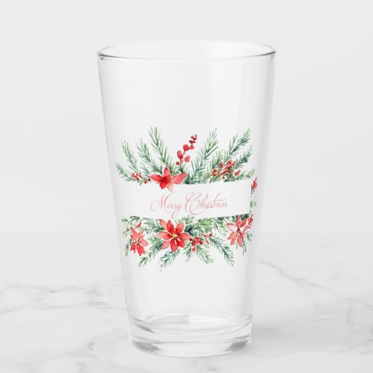Waterverf poinsettia en groen Kerstmis Glas (Voorkant)