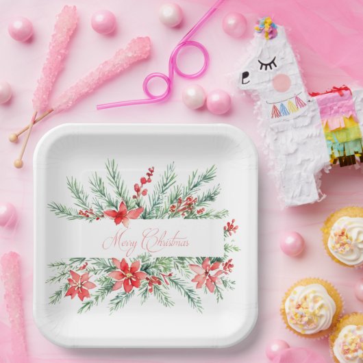 Waterverf poinsettia en groen Kerstmis Papieren Bordje (Feest)