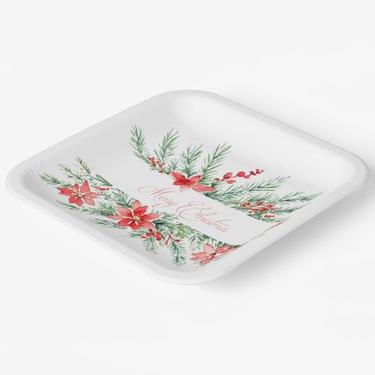 Waterverf poinsettia en groen Kerstmis Papieren Bordje (Gebogen)