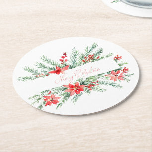Waterverf poinsettia en groen Kerstmis Ronde Kartonnen Onderzetter