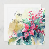 Waterverf poinsettia en Holly Christmas Custom Feestdagenkaart (Voorkant / Achterkant)