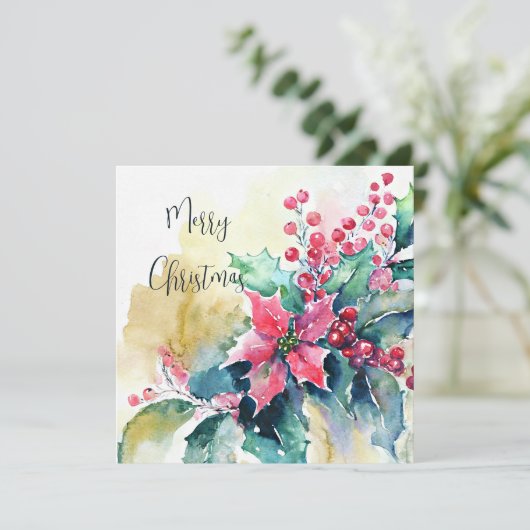 Waterverf poinsettia en Holly Christmas Custom Feestdagenkaart (Staand voorkant)