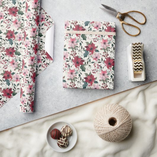 Waterverf Poinsettia en Holly Christmas Pattern Cadeaupapier (Crafts)