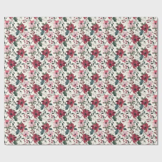 Waterverf Poinsettia en Holly Christmas Pattern Cadeaupapier (Vlak)