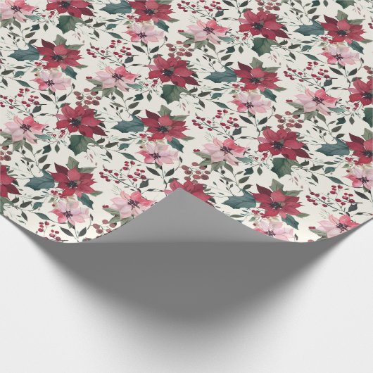 Waterverf Poinsettia en Holly Christmas Pattern Cadeaupapier (Hoek)