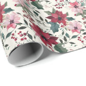 Waterverf Poinsettia en Holly Christmas Pattern Cadeaupapier (Rol Hoek)