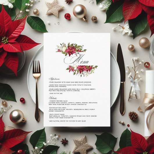 Waterverf Poinsettia en Holly Christmas Wedding Menu
