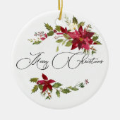 Waterverf Poinsettia en Holly Kerstfoto Keramisch Ornament (Voorkant)