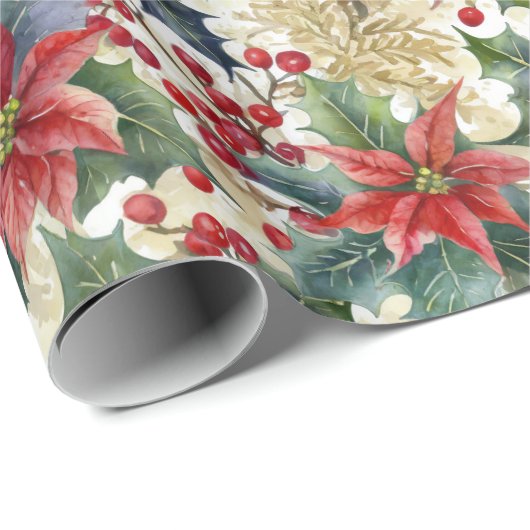 Waterverf poinsettia en holly patroon Kerstmis Cadeaupapier (Rol Hoek)