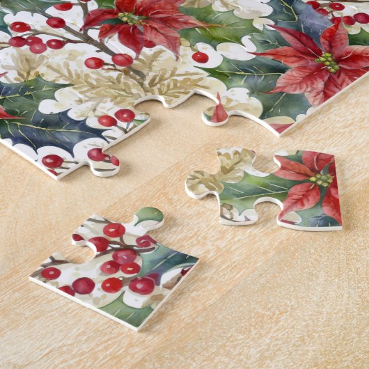 Waterverf poinsettia en holly patroon Kerstmis Legpuzzel (Zijkant)