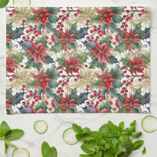 Waterverf poinsettia en holly patroon Kerstmis Theedoek (Gevouwen)