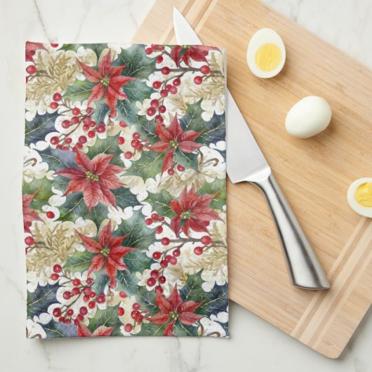 Waterverf poinsettia en holly patroon Kerstmis Theedoek (Quarter Fold)