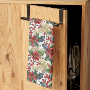 Waterverf poinsettia en holly patroon Kerstmis Theedoek