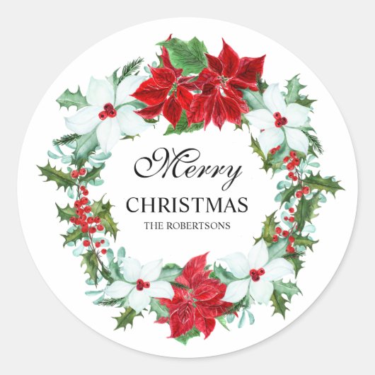 Waterverf Poinsettia en Holly | Vrolijk kerstfeest Ronde Sticker (Voorkant)