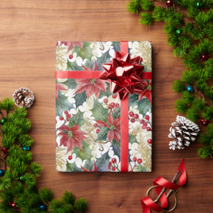 Waterverf poinsettia en hulst patroon Kerstmis Cadeaupapier
