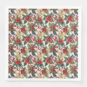 Waterverf poinsettia en hulst patroon Kerstmis Servet