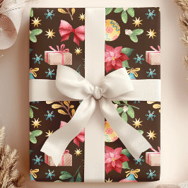 Waterverf Poinsettia en Maretak Kerstmis Cadeaupapier