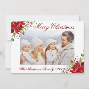 Waterverf Poinsettia Floral Christmas Foto Feestdagenkaart