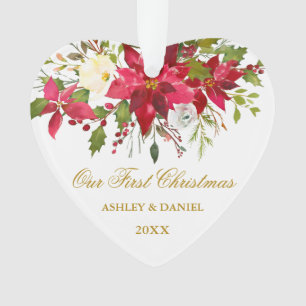 Waterverf Poinsettia Floral eerste kerstgoud Ornament