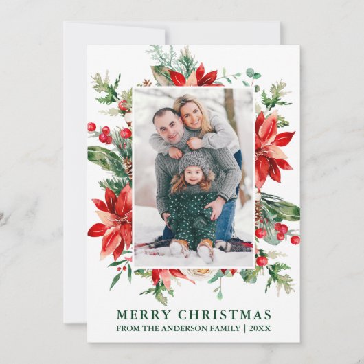 Waterverf Poinsettia Floral Foto kerstgroen Feestdagenkaart (Voorkant)