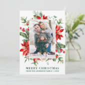 Waterverf Poinsettia Floral Foto kerstgroen Feestdagenkaart (Staand voorkant)