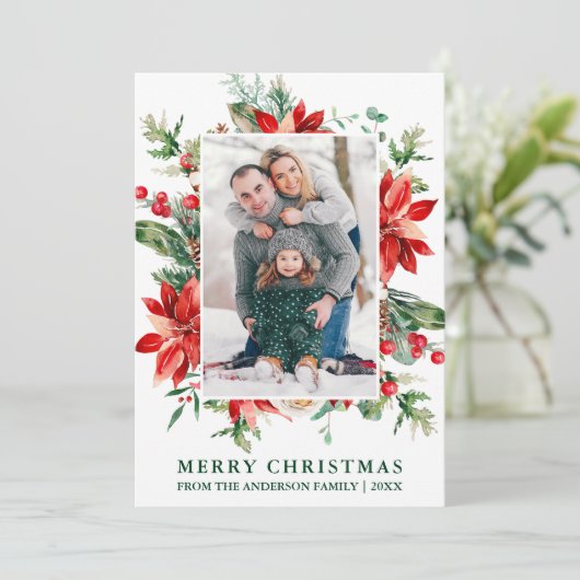 Waterverf Poinsettia Floral Foto kerstgroen Feestdagenkaart (Staand voorkant)