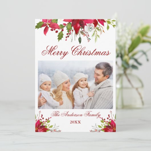 Waterverf Poinsettia Floral Foto met Kerstmis Kaar Kaart (Staand voorkant)