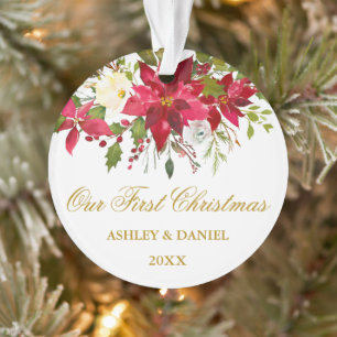 Waterverf Poinsettia Floral Gold Eerste Kerstmis Ornament