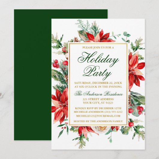 Waterverf Poinsettia Floral Gold Holiday Party Kaart (Voorkant / Achterkant)