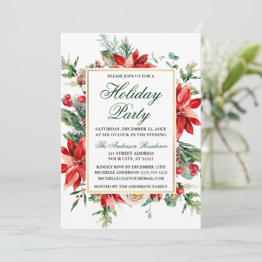 Waterverf Poinsettia Floral Green Holiday Partij Kaart (Staand voorkant)