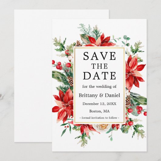 Waterverf Poinsettia Floral Greenery Save The Date (Voorkant / Achterkant)