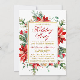 Waterverf Poinsettia Floral Holiday Party Gold Kaart