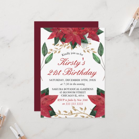 Waterverf Poinsettia Floral Kerstmis Kaart (Voorkant / Achterkant in situ)