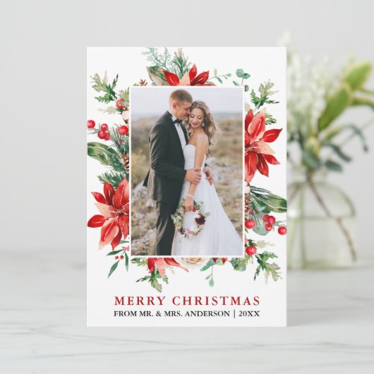 Waterverf Poinsettia Floral kerstPas getrouwd Feestdagenkaart (Staand voorkant)