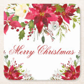 Waterverf Poinsettia Floral Merry Kerstmis Kartonnen Onderzetters (Voorkant)