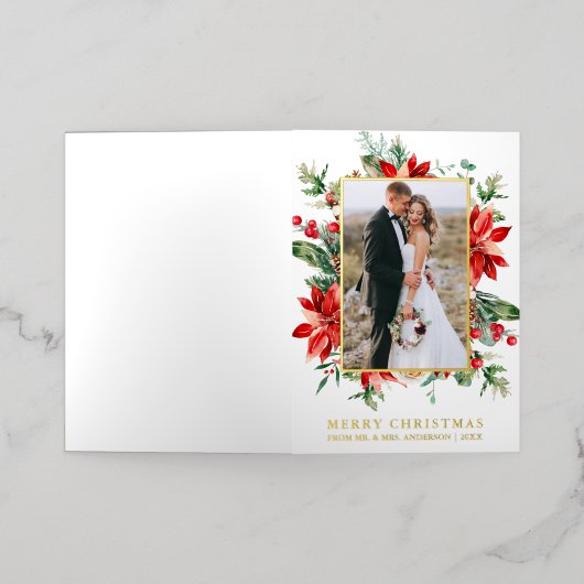 Waterverf Poinsettia Floral Pas getrouwd Elegant G Folie Feestdagenkaart (Buiten Laag)