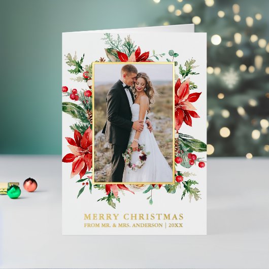 Waterverf Poinsettia Floral Pas getrouwd Elegant G Folie Feestdagenkaart (Feestdagen Insitu2)